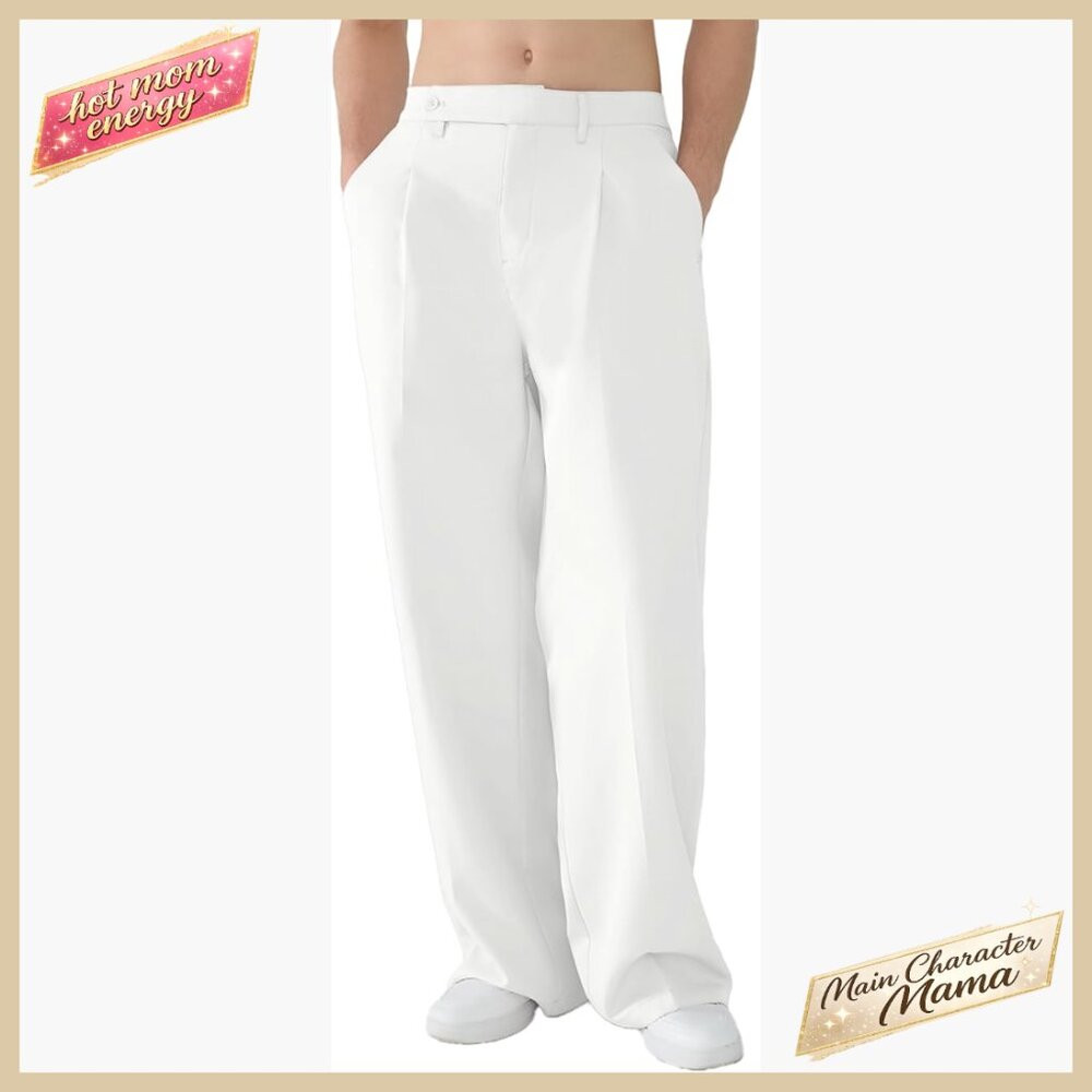 Men's Classic White Dress Pants - Tailored Wide Leg